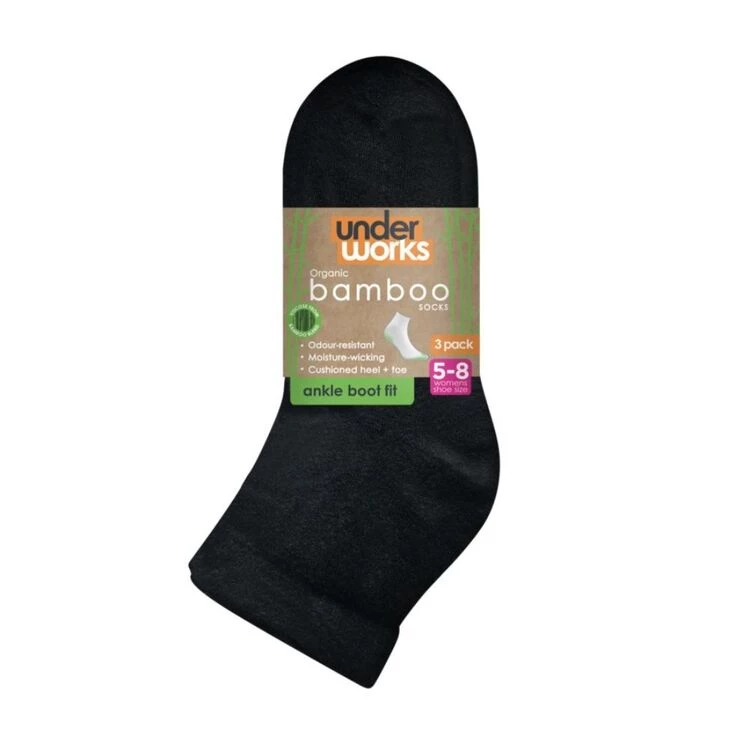 Underworks 3 Pack Organic Bamboo Ankle Boot Socks Black 3 Underworks 3 Pack Organic Bamboo Ankle Boot Socks Black