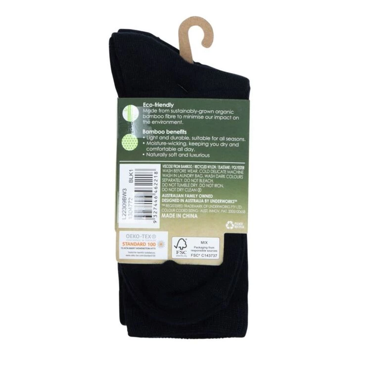 Underworks 3 Pack Organic Bamboo Casual Crew Socks Black 5 Underworks 3 Pack Organic Bamboo Casual Crew Socks Black - Image 3
