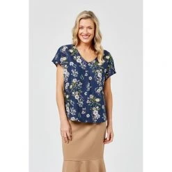 Khoko Smart Print Linen V Neck Blouse Bouquet -women's clothing Sales 621484 C 0960 54