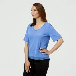 Savannah Lace Detail Vee Neck Top Blue -women's clothing Sales 625156 C 0400 00 2