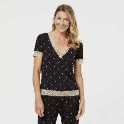 Jane Lamerton Spot Lace Sleep Tee Beige & Black -women's clothing Sales 625386 C 1250 02