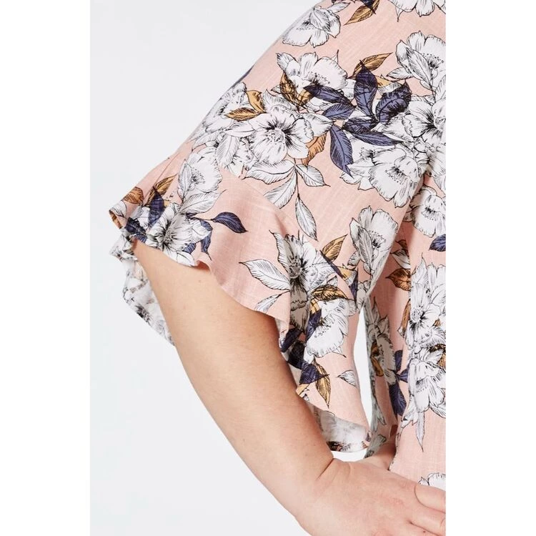 Khoko Plus Linen Blend Ruffle Sleeve Top Floral 3 Khoko Plus Linen Blend Ruffle Sleeve Top Floral