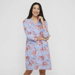 Sash & Rose Lace Trim Jersey Knit Nightie Blue Floral -women's clothing Sales 628556 C 1400 70