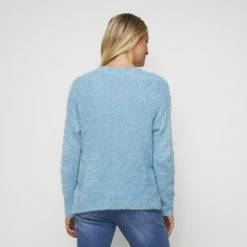 Khoko Collection Eyelash Yarn Vee Neck Jumper Blue -women's clothing Sales 629201 C 0400 00 2