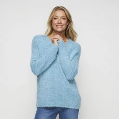 Khoko Collection Eyelash Yarn Vee Neck Jumper Blue
