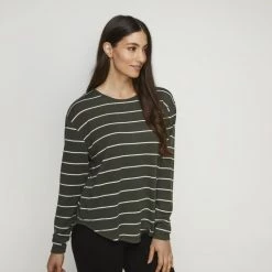 Khoko Collection Drop Shoulder Stripe Top Khaki & Cream -women's clothing Sales 630832 C 1310 24