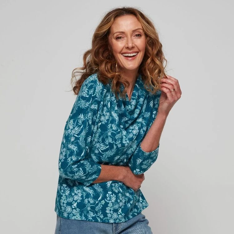 Savannah Brushed Drop Shoulder Cowl Top Green & Multicoloured 4 Savannah Brushed Drop Shoulder Cowl Top Green & Multicoloured - Image 2