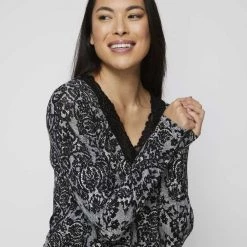 Jane Lamerton Lace Long Sleeve Sleep Top Black White -women's clothing Sales 632079 C 1001 25