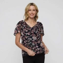 Khoko Smart Ruffle Neck Top Navy & Floral -women's clothing Sales 634862 C 1411 25