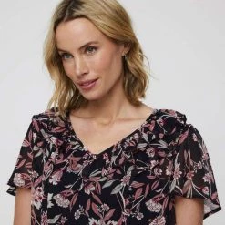 Khoko Smart Ruffle Neck Top Navy & Floral -women's clothing Sales 634862 C 1411 25 4