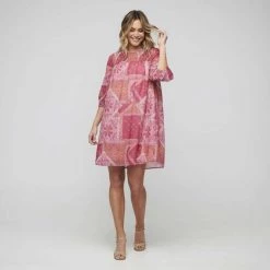 Leona Edmiston Ruby Balloon Sleeve Tunic Dress Pink & Orange -women's clothing Sales 634868 C 0650 32