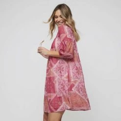 Leona Edmiston Ruby Balloon Sleeve Tunic Dress Pink & Orange -women's clothing Sales 634868 C 0650 32 3