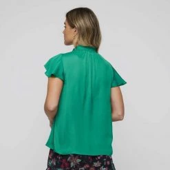 Leona Edmiston Ruby Frill Sleeve Shirred Blouse Bright Green -women's clothing Sales 634872 C 0320 00 2