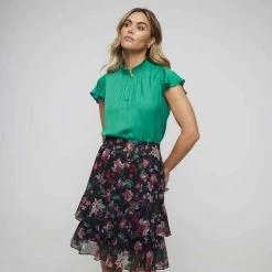 Leona Edmiston Ruby Frill Sleeve Shirred Blouse Bright Green