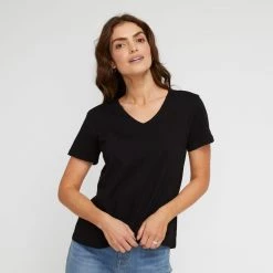 Khoko Basics Vee Neck Cotton Printed Tee Black -women's clothing Sales 639772 C 0001 00