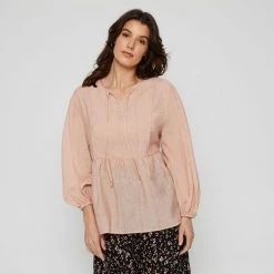 Khoko Collection Textured Peasant Top Mushroom