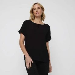 Khoko Smart Extended Sleeve Split Neck Top Black -women's clothing Sales 641088 C 0001 00