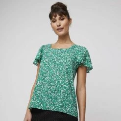 Khoko Smart Sweetheart Flutter Sleeve Top Firefly Print Jade