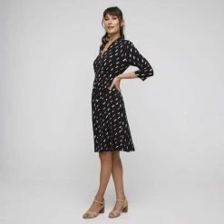 Khoko Smart V Neck F/Flare 3/4 Sleeve Dress Black & Print -women's clothing Sales BP634865001 blk prn