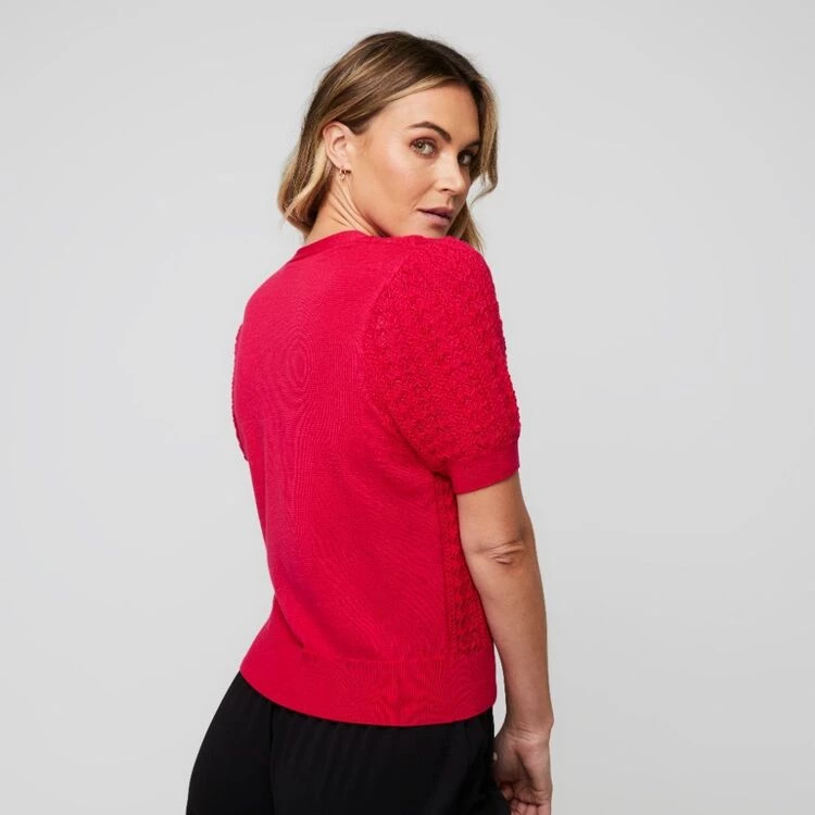 Leona Edmiston Ruby Puff Sleeve Pointelle Cardigan Hot Pink 5 Leona Edmiston Ruby Puff Sleeve Pointelle Cardigan Hot Pink - Image 3