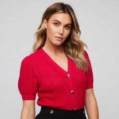 Leona Edmiston Ruby Puff Sleeve Pointelle Cardigan Hot Pink 8 Leona Edmiston Ruby Puff Sleeve Pointelle Cardigan Hot Pink -women's clothing Sales BP634867005 hot pink 7