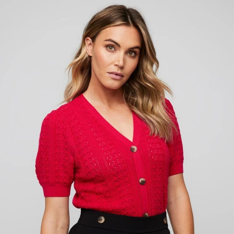 Leona Edmiston Ruby Puff Sleeve Pointelle Cardigan Hot Pink 4 Leona Edmiston Ruby Puff Sleeve Pointelle Cardigan Hot Pink - Image 2