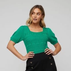 Leona Edmiston Ruby Square Neck Pointelle Knit Green -women's clothing Sales BP634869001 green 2