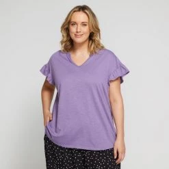 Khoko Plus Vee Neck Ruffle Tee Dusk -women's clothing Sales BP641041006 dusk